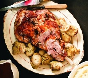 Roast leg of lamb with garlic mash & smoked yoghurt dressing