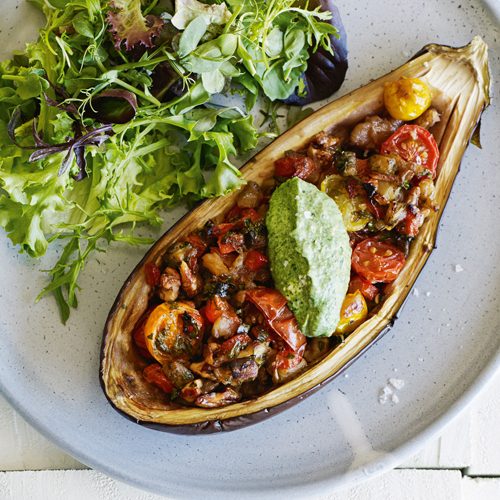 Roasted stuffed eggplant with whipped feta & spinach